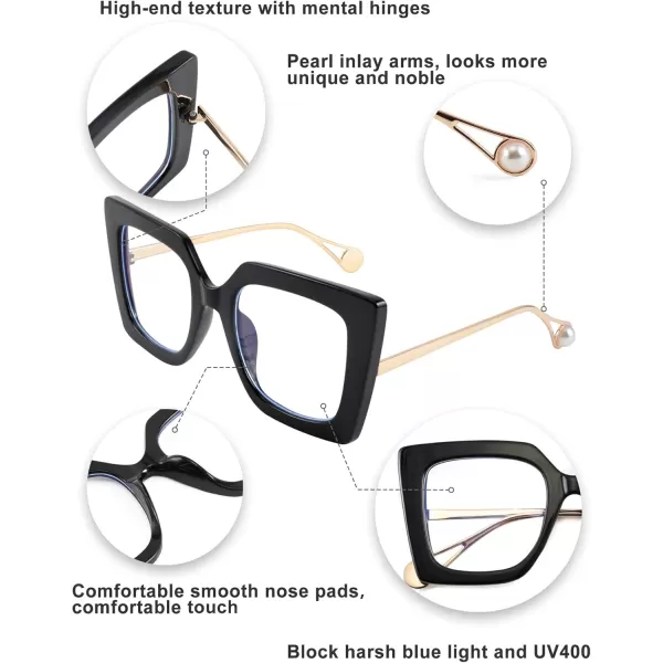 FEISEDY Oversized Square Blue Light Blocking Glasses Eye Strain Glare Pearl Inlay Arm Cat Eye Fashion Eyewear B2639Black