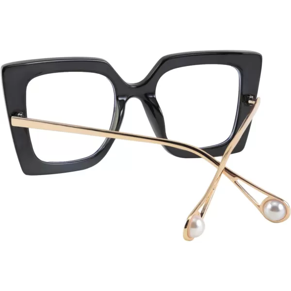 FEISEDY Oversized Square Blue Light Blocking Glasses Eye Strain Glare Pearl Inlay Arm Cat Eye Fashion Eyewear B2639Black