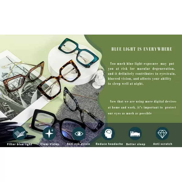 FEISEDY Oversized Square Blue Light Blocking Glasses Eye Strain Glare Pearl Inlay Arm Cat Eye Fashion Eyewear B2639Blue