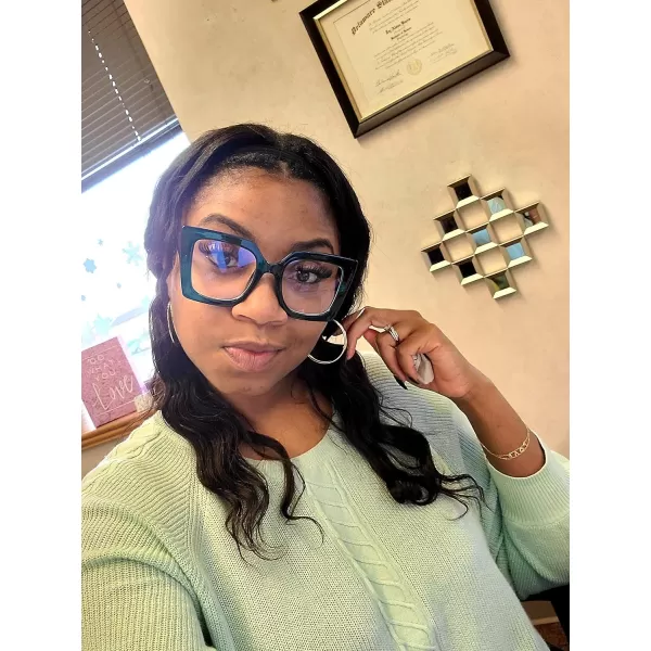 FEISEDY Oversized Square Blue Light Blocking Glasses Eye Strain Glare Pearl Inlay Arm Cat Eye Fashion Eyewear B2639Blue