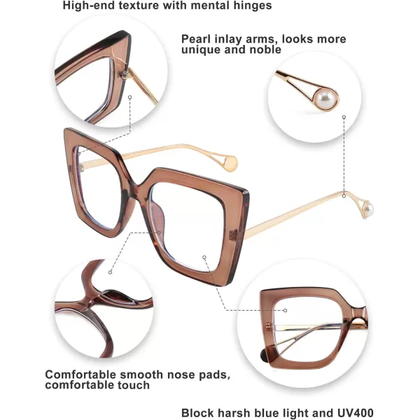 FEISEDY Oversized Square Blue Light Blocking Glasses Eye Strain Glare Pearl Inlay Arm Cat Eye Fashion Eyewear B2639Brown