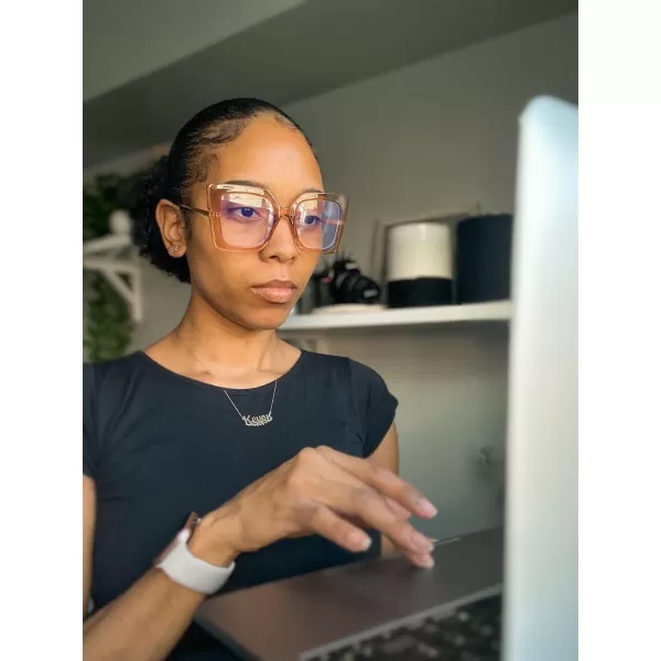 FEISEDY Oversized Square Blue Light Blocking Glasses Eye Strain Glare Pearl Inlay Arm Cat Eye Fashion Eyewear B2639Champagne