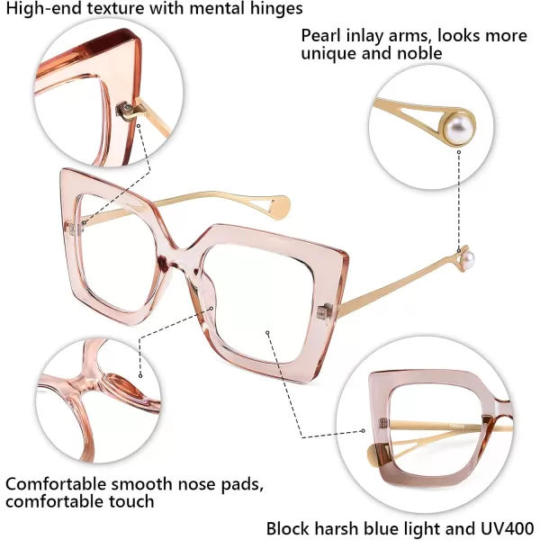 FEISEDY Oversized Square Blue Light Blocking Glasses Eye Strain Glare Pearl Inlay Arm Cat Eye Fashion Eyewear B2639Champagne