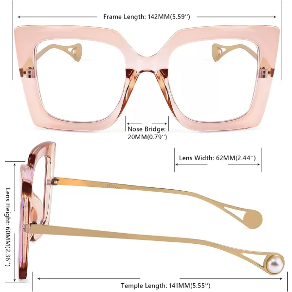 FEISEDY Oversized Square Blue Light Blocking Glasses Eye Strain Glare Pearl Inlay Arm Cat Eye Fashion Eyewear B2639Champagne