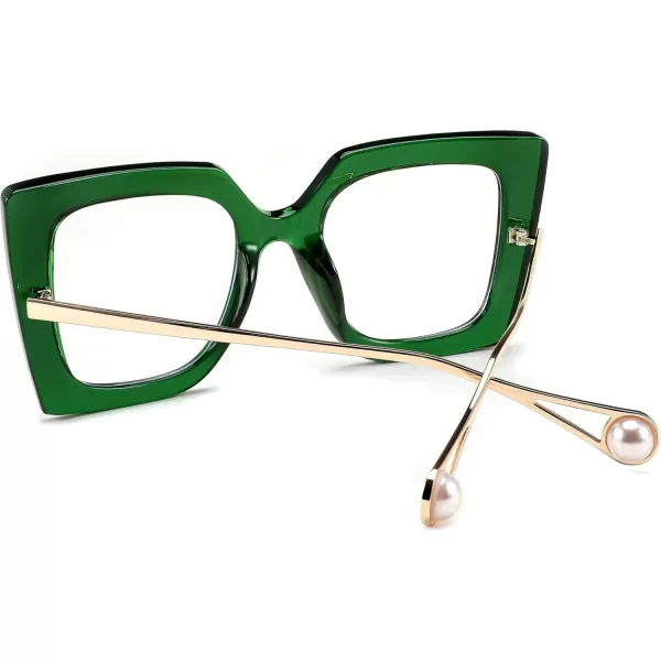FEISEDY Oversized Square Blue Light Blocking Glasses Eye Strain Glare Pearl Inlay Arm Cat Eye Fashion Eyewear B2639Green