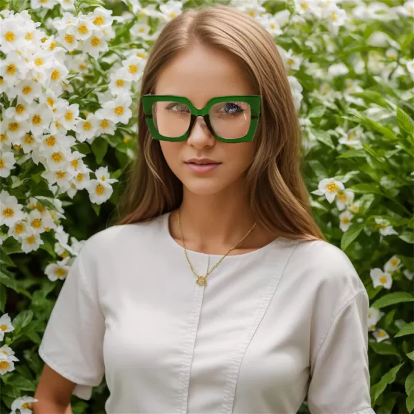 FEISEDY Oversized Square Blue Light Blocking Glasses Eye Strain Glare Pearl Inlay Arm Cat Eye Fashion Eyewear B2639Green