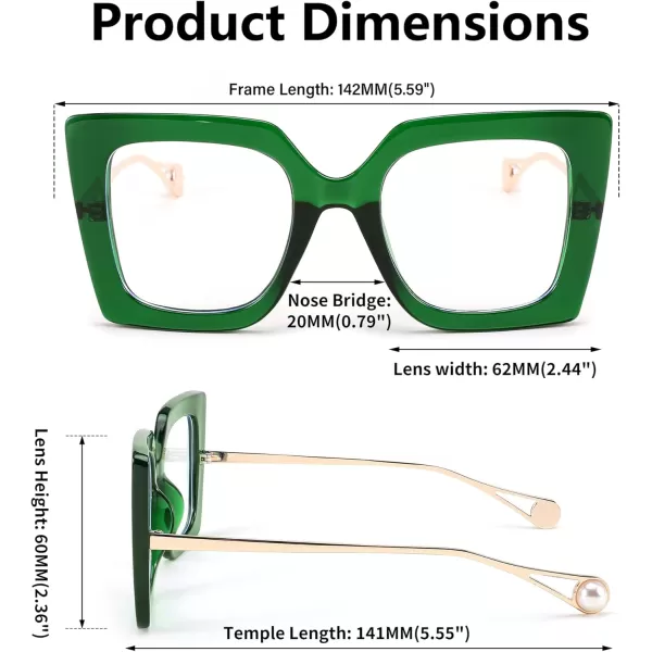 FEISEDY Oversized Square Blue Light Blocking Glasses Eye Strain Glare Pearl Inlay Arm Cat Eye Fashion Eyewear B2639Green