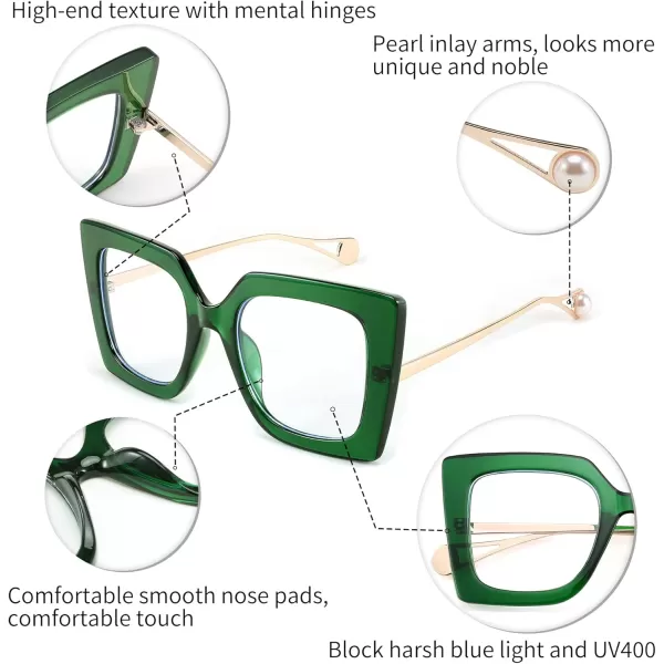 FEISEDY Oversized Square Blue Light Blocking Glasses Eye Strain Glare Pearl Inlay Arm Cat Eye Fashion Eyewear B2639Green