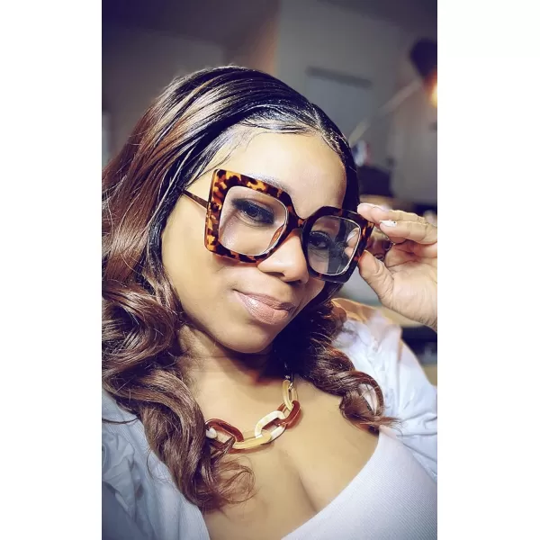 FEISEDY Oversized Square Blue Light Blocking Glasses Eye Strain Glare Pearl Inlay Arm Cat Eye Fashion Eyewear B2639Leopard