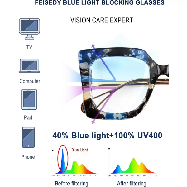 FEISEDY Oversized Square Blue Light Blocking Glasses Eye Strain Glare Pearl Inlay Arm Cat Eye Fashion Eyewear B2639Marble Pattern
