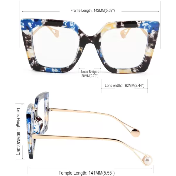 FEISEDY Oversized Square Blue Light Blocking Glasses Eye Strain Glare Pearl Inlay Arm Cat Eye Fashion Eyewear B2639Marble Pattern