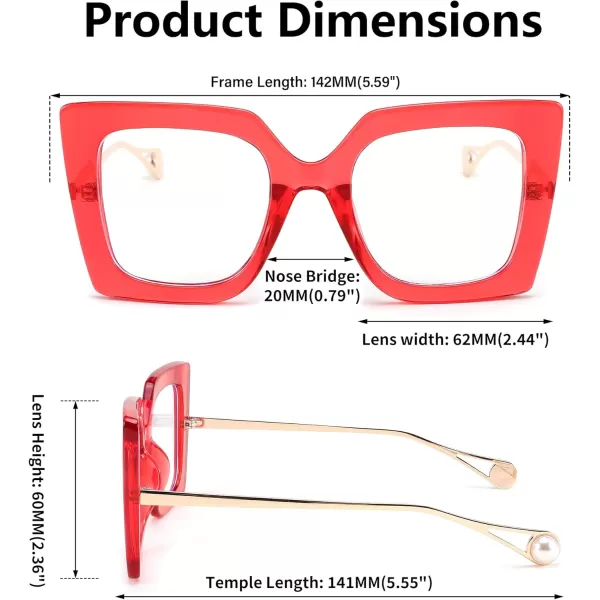 FEISEDY Oversized Square Blue Light Blocking Glasses Eye Strain Glare Pearl Inlay Arm Cat Eye Fashion Eyewear B2639Red