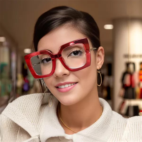 FEISEDY Oversized Square Blue Light Blocking Glasses Eye Strain Glare Pearl Inlay Arm Cat Eye Fashion Eyewear B2639Red