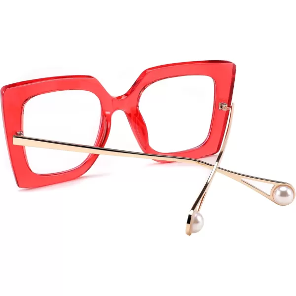 FEISEDY Oversized Square Blue Light Blocking Glasses Eye Strain Glare Pearl Inlay Arm Cat Eye Fashion Eyewear B2639Red