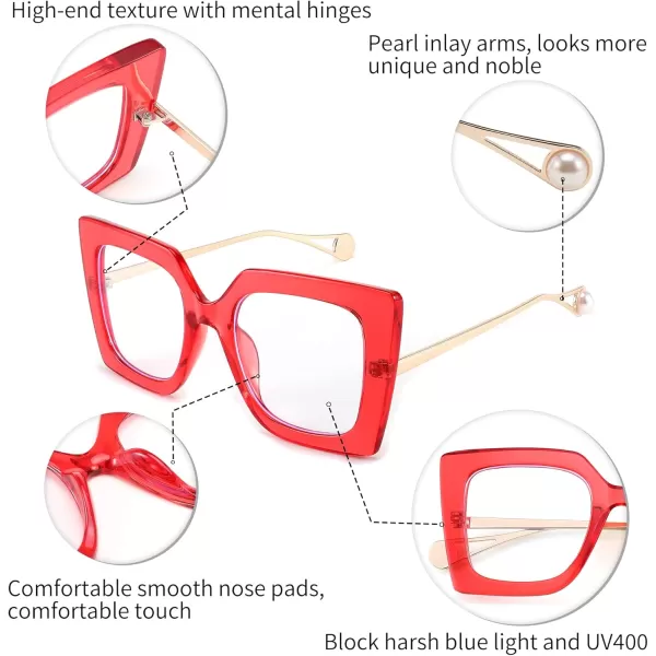 FEISEDY Oversized Square Blue Light Blocking Glasses Eye Strain Glare Pearl Inlay Arm Cat Eye Fashion Eyewear B2639Red