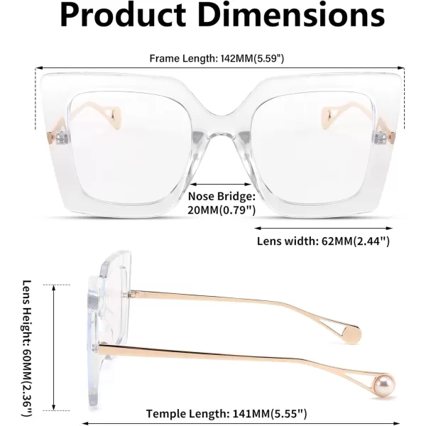 FEISEDY Oversized Square Blue Light Blocking Glasses Eye Strain Glare Pearl Inlay Arm Cat Eye Fashion Eyewear B2639Transparent
