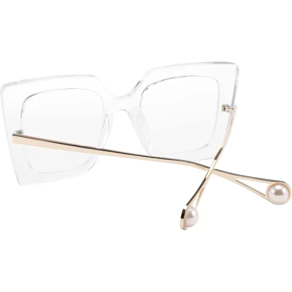 FEISEDY Oversized Square Blue Light Blocking Glasses Eye Strain Glare Pearl Inlay Arm Cat Eye Fashion Eyewear B2639Transparent