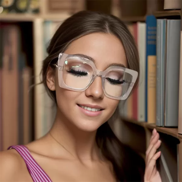 FEISEDY Oversized Square Blue Light Blocking Glasses Eye Strain Glare Pearl Inlay Arm Cat Eye Fashion Eyewear B2639Transparent