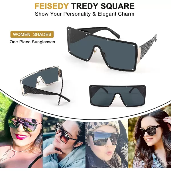 FEISEDY Oversized Square Sunglasses for Women Men Flat Top Shield Sunglasses One Piece Frameless Shades B2767Black