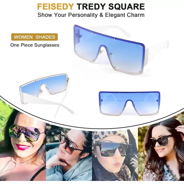 FEISEDY Oversized Square Sunglasses for Women Men Flat Top Shield Sunglasses One Piece Frameless Shades B2767Gradient Blue