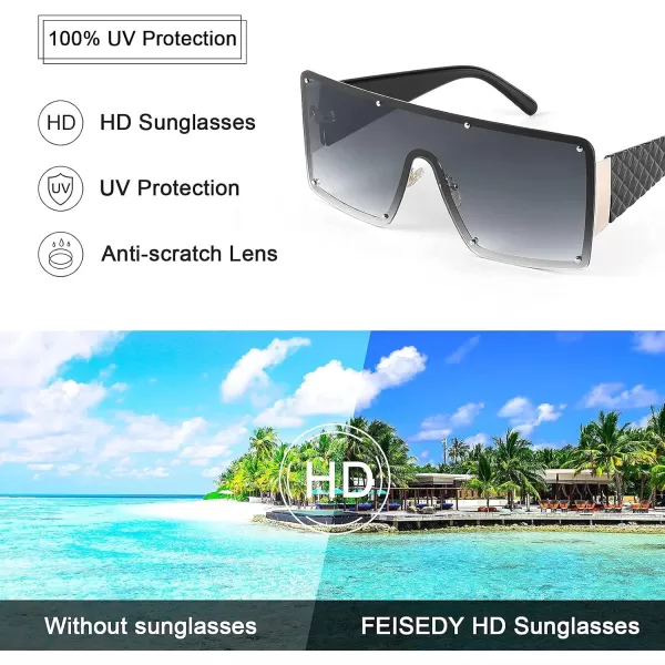 FEISEDY Oversized Square Sunglasses for Women Men Flat Top Shield Sunglasses One Piece Frameless Shades B2767Gradient Grey