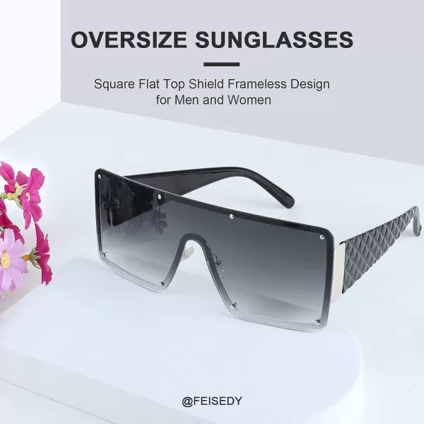 FEISEDY Oversized Square Sunglasses for Women Men Flat Top Shield Sunglasses One Piece Frameless Shades B2767Gradient Grey