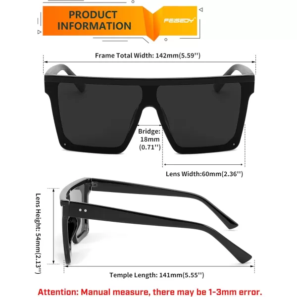 FEISEDY Oversized Sunglasses Mens Womens Flat Top Square Trendy Visor Shades UV400 B2470Black