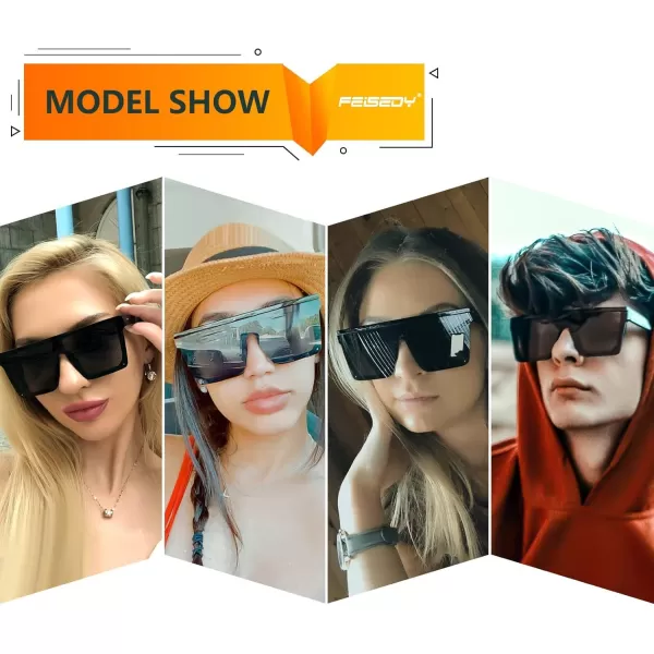 FEISEDY Oversized Sunglasses Mens Womens Flat Top Square Trendy Visor Shades UV400 B2470Black