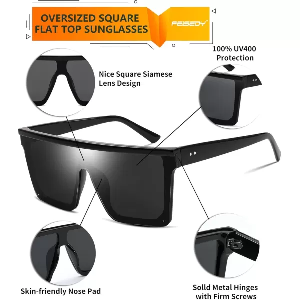 FEISEDY Oversized Sunglasses Mens Womens Flat Top Square Trendy Visor Shades UV400 B2470Black