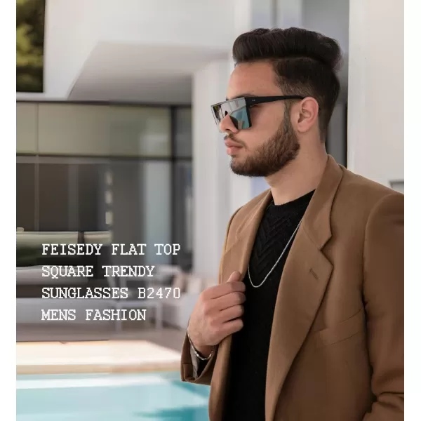 FEISEDY Oversized Sunglasses Mens Womens Flat Top Square Trendy Visor Shades UV400 B2470Black