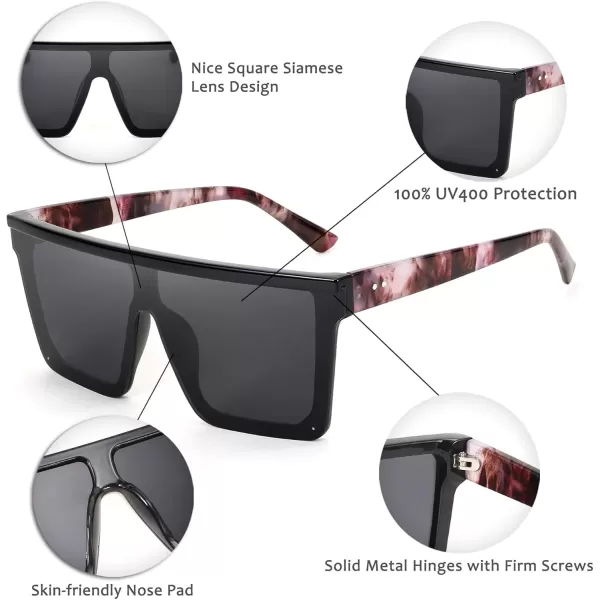 FEISEDY Oversized Sunglasses Mens Womens Flat Top Square Trendy Visor Shades UV400 B2470Black  Marbling