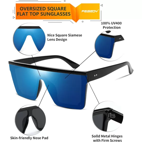 FEISEDY Oversized Sunglasses Mens Womens Flat Top Square Trendy Visor Shades UV400 B2470Blue Mirrored
