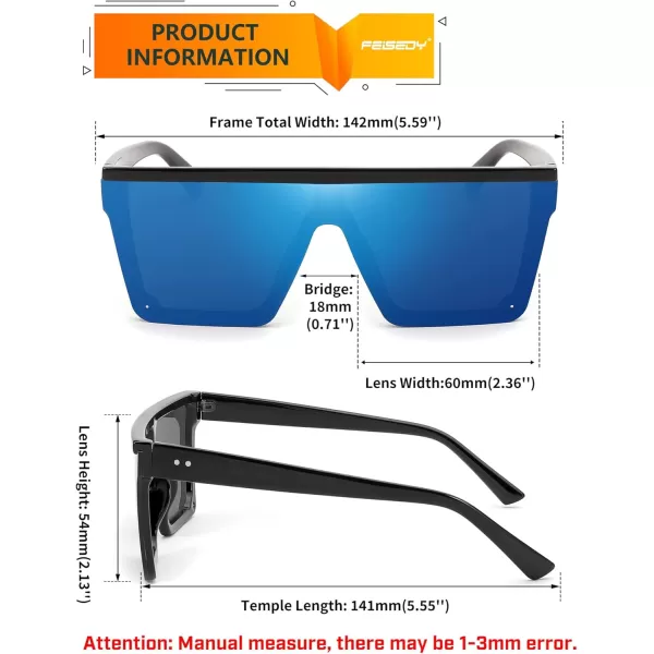 FEISEDY Oversized Sunglasses Mens Womens Flat Top Square Trendy Visor Shades UV400 B2470Blue Mirrored
