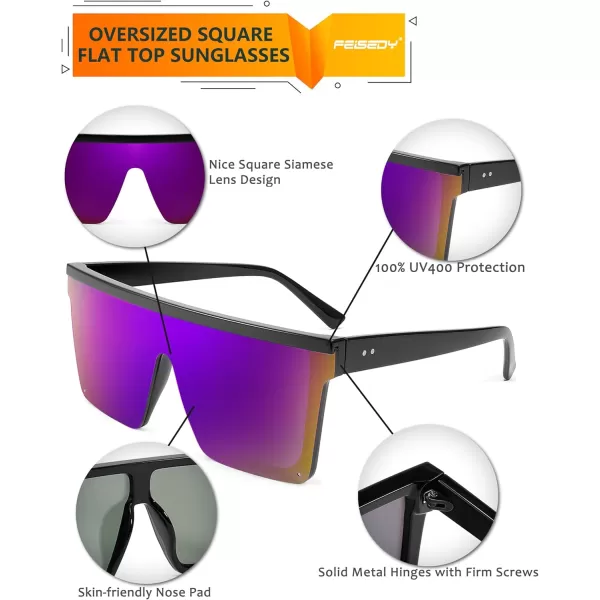 FEISEDY Oversized Sunglasses Mens Womens Flat Top Square Trendy Visor Shades UV400 B2470Dark Lavender