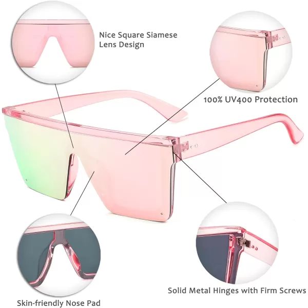 FEISEDY Oversized Sunglasses Mens Womens Flat Top Square Trendy Visor Shades UV400 B2470Pink Mirrored