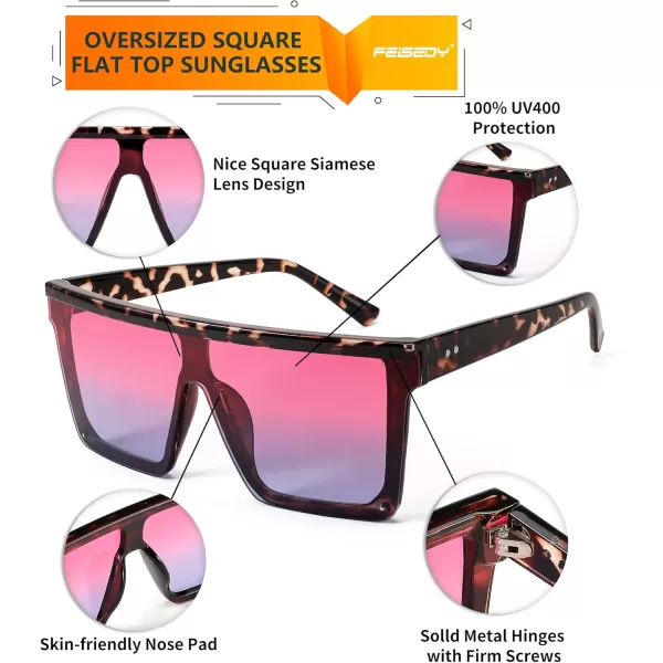FEISEDY Oversized Sunglasses Mens Womens Flat Top Square Trendy Visor Shades UV400 B2470Pink Sunset Glow