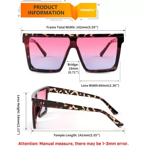 FEISEDY Oversized Sunglasses Mens Womens Flat Top Square Trendy Visor Shades UV400 B2470Pink Sunset Glow