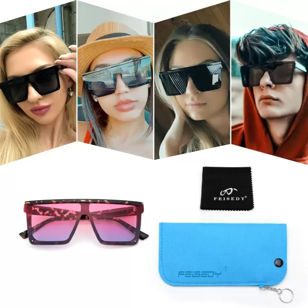 FEISEDY Oversized Sunglasses Mens Womens Flat Top Square Trendy Visor Shades UV400 B2470Pink Sunset Glow