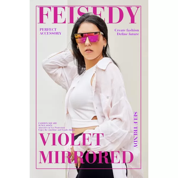 FEISEDY Oversized Sunglasses Mens Womens Flat Top Square Trendy Visor Shades UV400 B2470Purple Mirrored Lenses