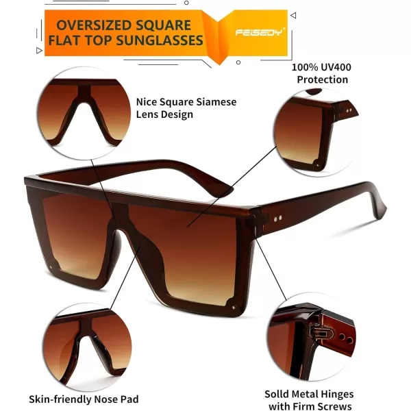 FEISEDY Oversized Sunglasses Mens Womens Flat Top Square Trendy Visor Shades UV400 B2470Red Brown