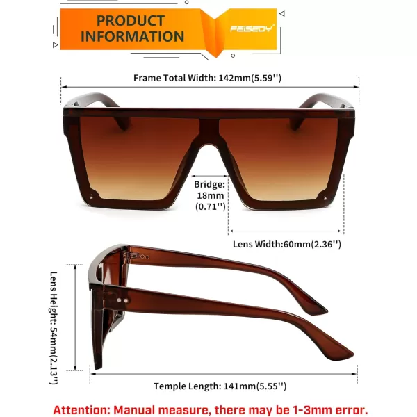 FEISEDY Oversized Sunglasses Mens Womens Flat Top Square Trendy Visor Shades UV400 B2470Red Brown