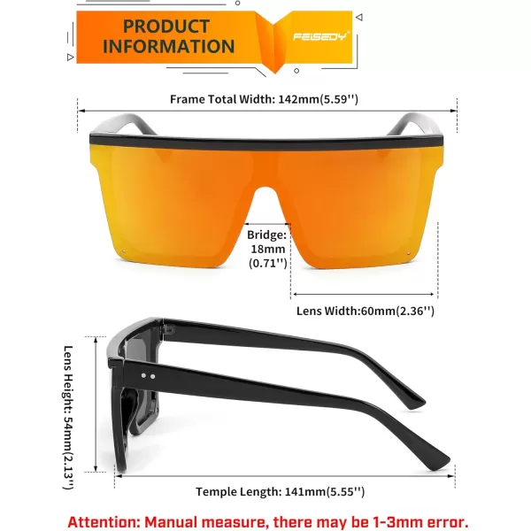 FEISEDY Oversized Sunglasses Mens Womens Flat Top Square Trendy Visor Shades UV400 B2470Red Mirrored