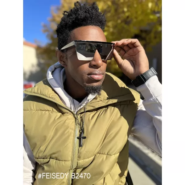 FEISEDY Oversized Sunglasses Mens Womens Flat Top Square Trendy Visor Shades UV400 B2470Silver Mirrored