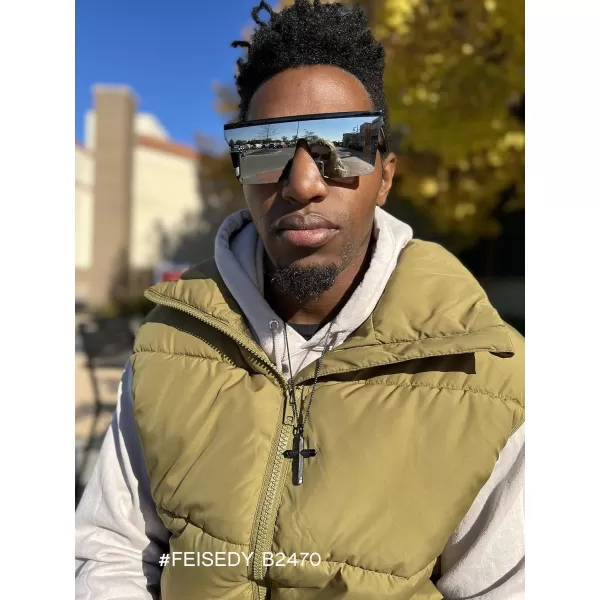 FEISEDY Oversized Sunglasses Mens Womens Flat Top Square Trendy Visor Shades UV400 B2470Silver Mirrored