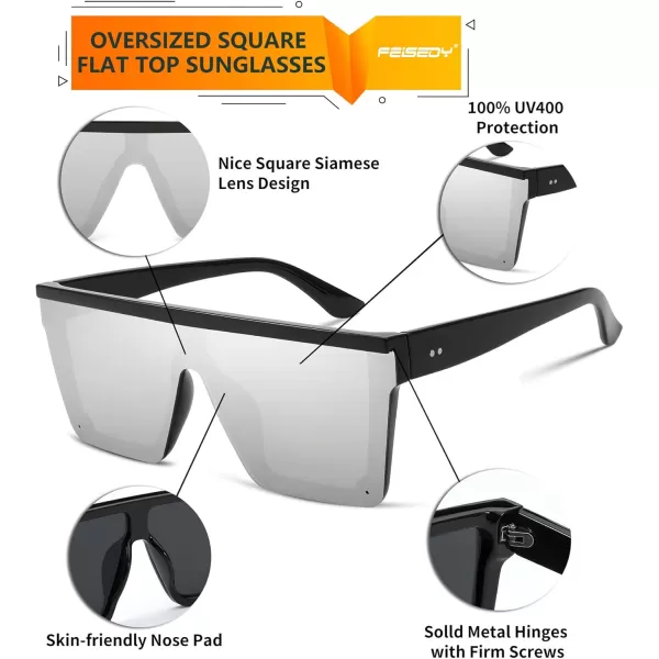 FEISEDY Oversized Sunglasses Mens Womens Flat Top Square Trendy Visor Shades UV400 B2470Silver Mirrored