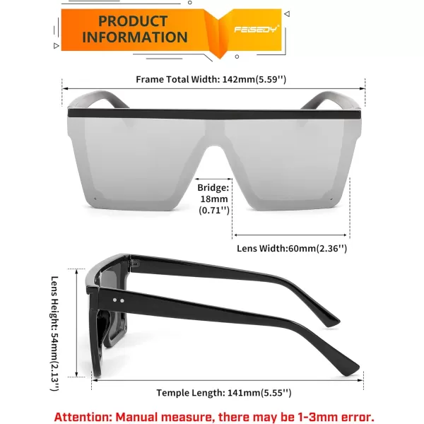 FEISEDY Oversized Sunglasses Mens Womens Flat Top Square Trendy Visor Shades UV400 B2470Silver Mirrored