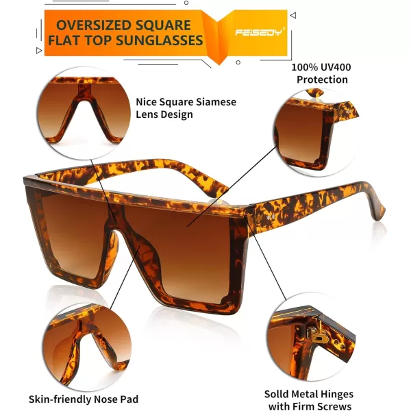 FEISEDY Oversized Sunglasses Mens Womens Flat Top Square Trendy Visor Shades UV400 B2470Tortoise