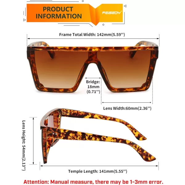 FEISEDY Oversized Sunglasses Mens Womens Flat Top Square Trendy Visor Shades UV400 B2470Tortoise