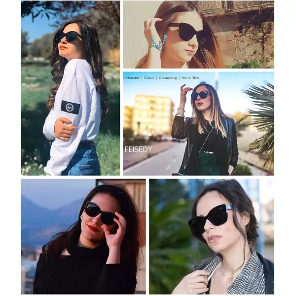 FEISEDY Polarized Vintage Sunglasses American Womens Square Jackie O Cat Eye Sunglasses B2451Black