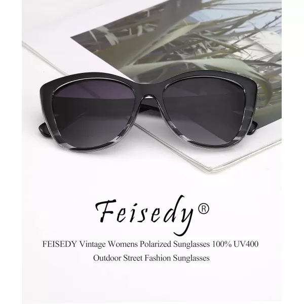 FEISEDY Polarized Vintage Sunglasses American Womens Square Jackie O Cat Eye Sunglasses B2451Black Grey Clear